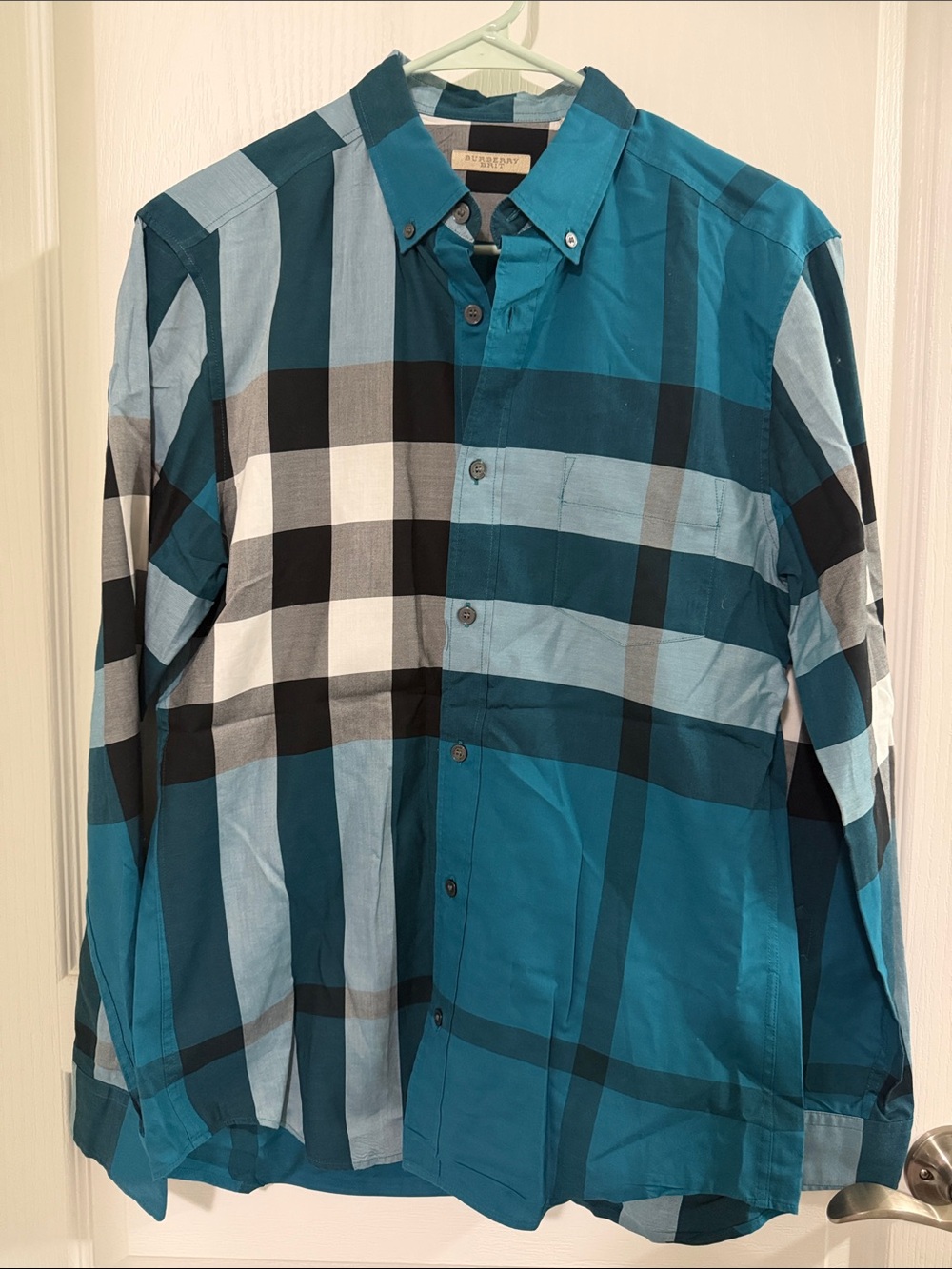 Burberry Teal and Light Blue Plaid Button-Down Shirt Size Small P